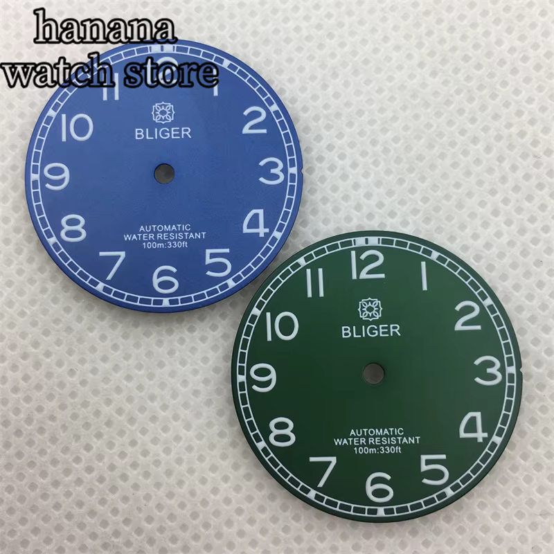 BLIGER 29mm cadran lumineux noir vert bleu avec NH34 NH35 NH36 ETA 2836 2824 Miyota 8205/8215/821A perle DG2813/3804 mouvement