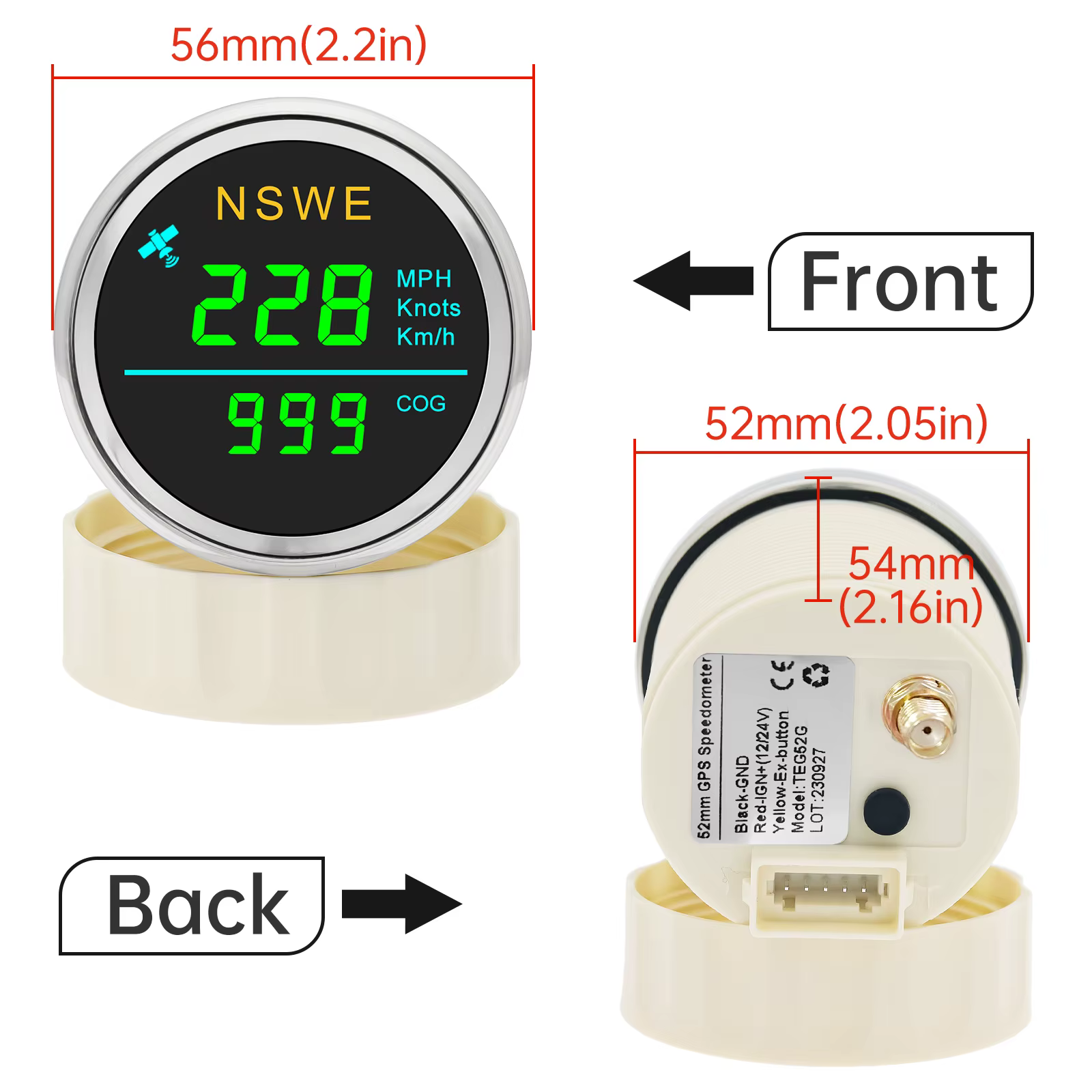 Compteur de vitesse GPS numérique étanche 52MM avec antenne GPS KMH MPH noeuds COG GPS pour voiture marine moto vert rouge blanc LED
