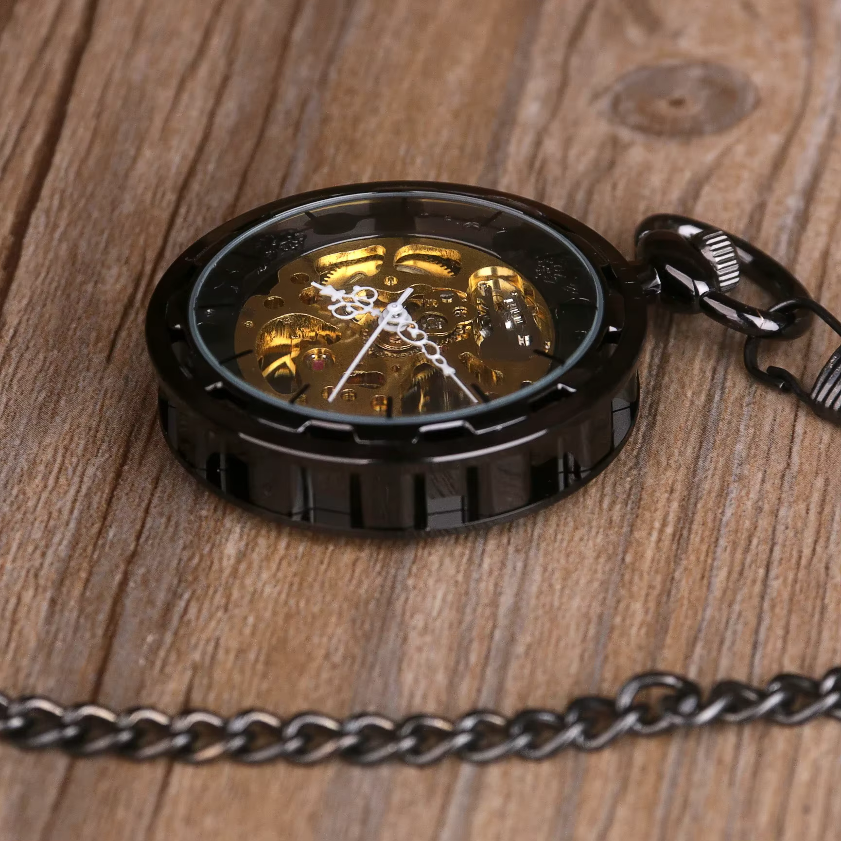 Montre de poche mécanique squelettée noire/argentée