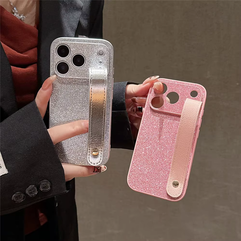 Étui de luxe en cuir brillant avec dragonne, accessoires adaptés à l'iphone 11 12 13 mini 14 15 16E 17 Pro Max Plus, housse de Protection