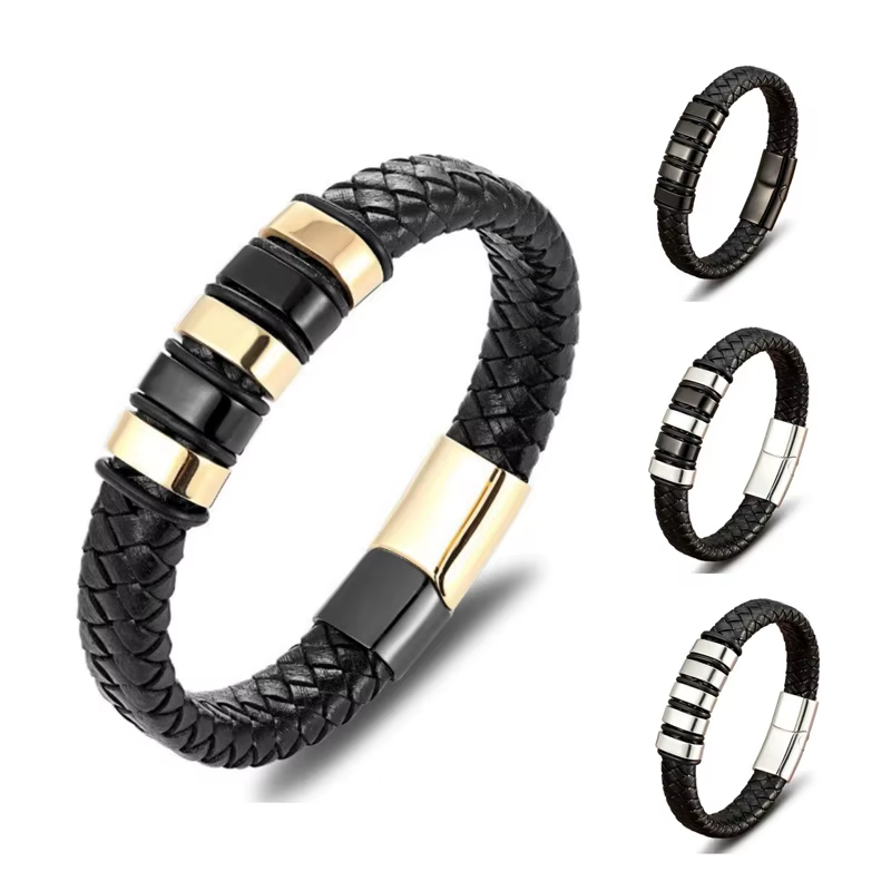 Bracelet pour homme en cuir noir tressé de luxe