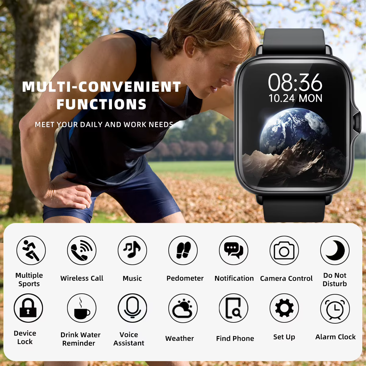 Montre intelligente étanche avec podomètre pour iPhone et Android