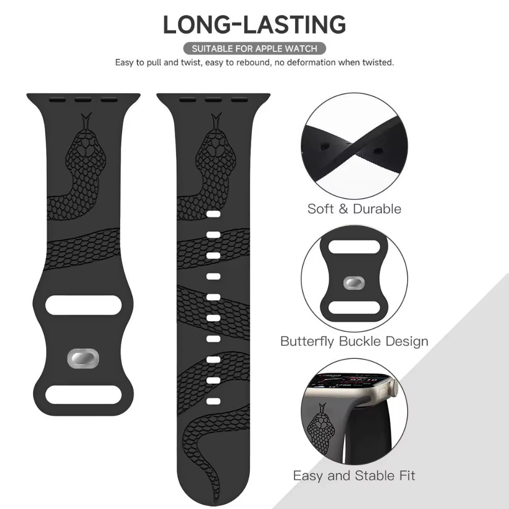 Nouveau bracelet en silicone gravé motif serpent pour Apple Watch 44mm 42 46 38 49 40 41 45mm