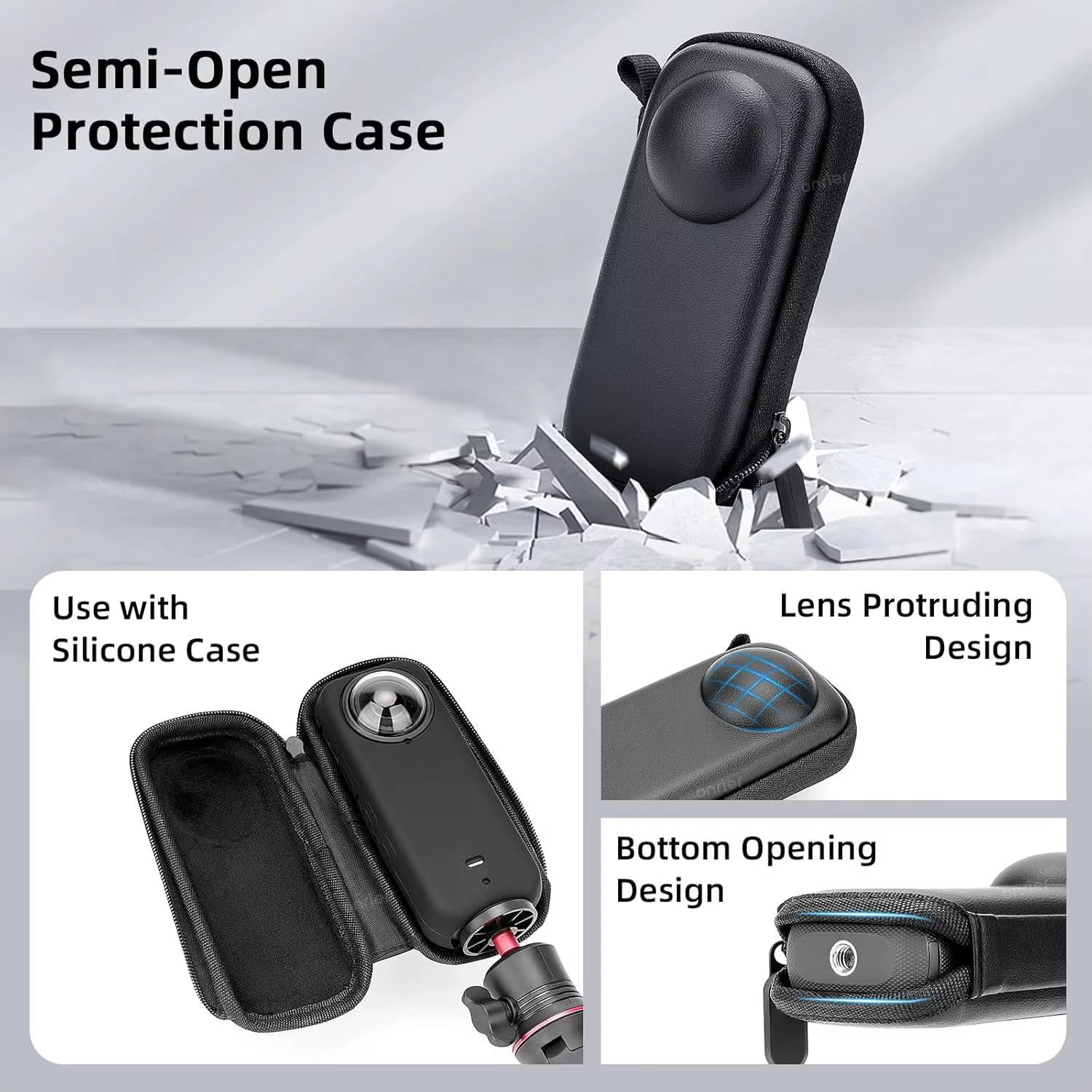 Kit d'accessoires pour Insta 360 X5 comprenant un étui de transport/une coque en silicone/des protections d'objectif/du verre trempé pour écran/une base de support en silicone