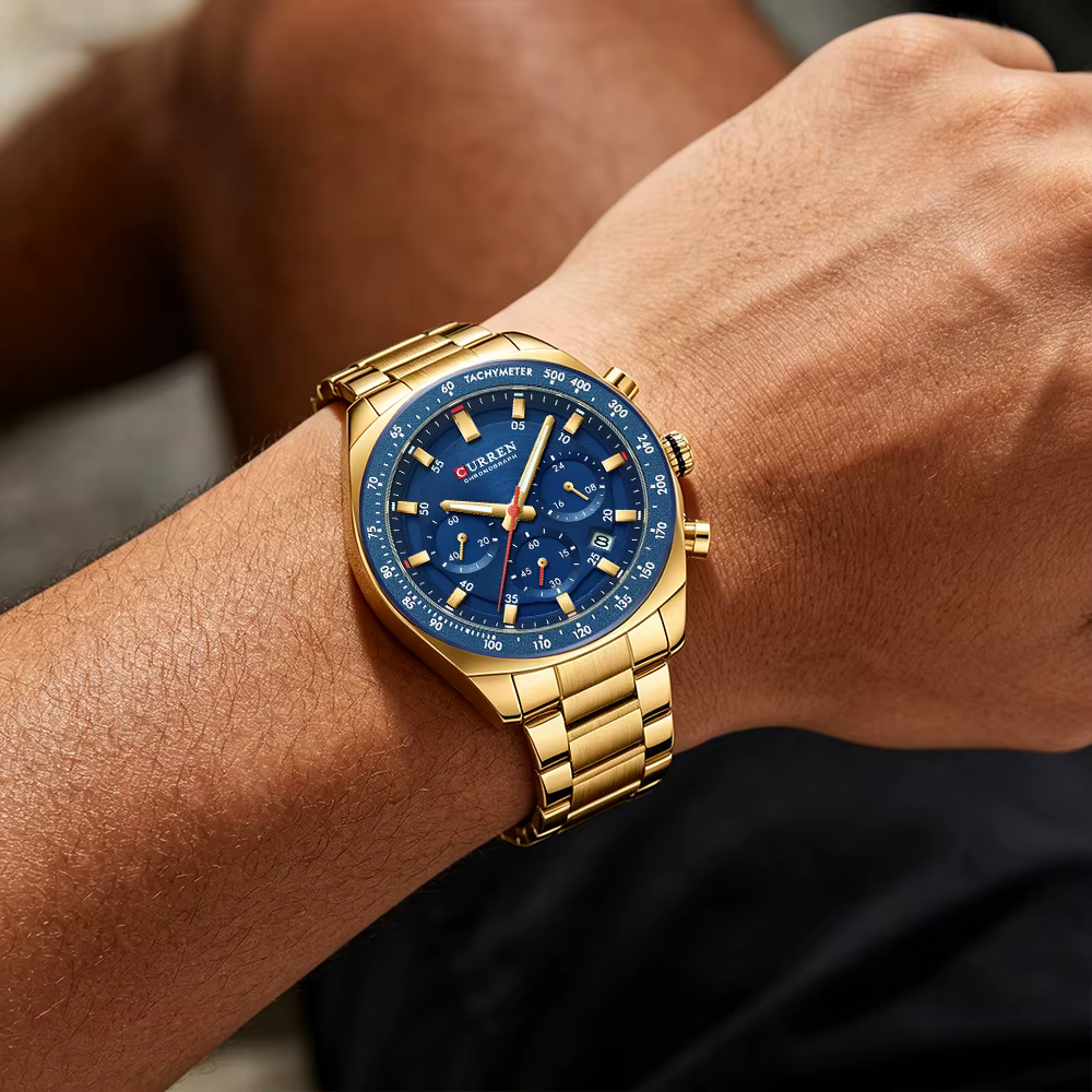 NOUVEAU CURREN 8497 Montre Chronographe Homme Bracelet Acier Inoxydable Aiguilles Lumineuses Date Étanche Quartz Relógio