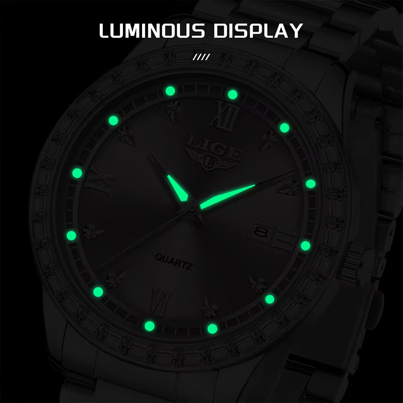 LIGE montre pour femme élégante mode horloge étanche lumineuse en acier inoxydable