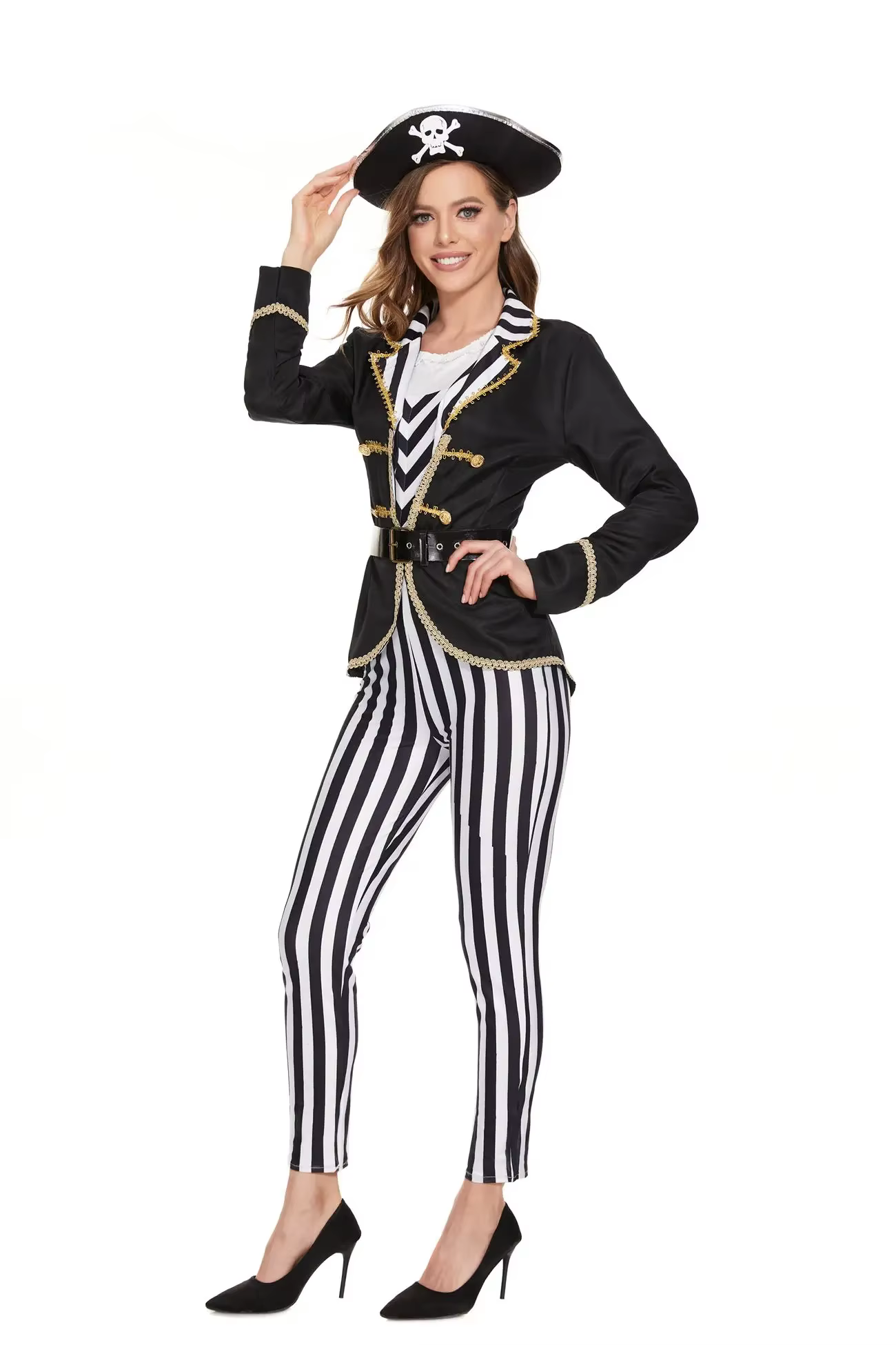 Costume de capitaine pirate pour femmes, pantalon rayé noir et blanc, tenue de cosplay pour Halloween, déguisement de carnaval, robe de fantaisie avec chapeau