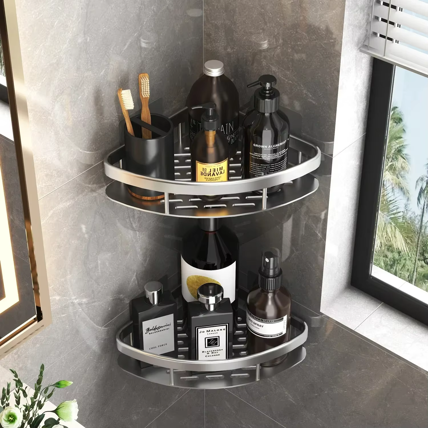 HOShelf-Étagère de douche T1 en alliage d'aluminium, étagère de rangement de cuisine, accessoires sans perceuse