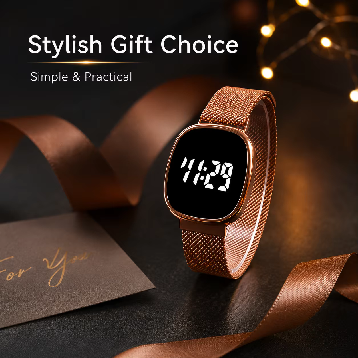 Montre à bracelet en maille métallique avec affichage numérique LED, montre-bracelet électronique carrée arrondie unisexe.
