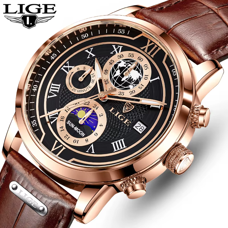 Nouvelles Montres Hommes 2026 LIGE Marque Haut de Gamme Cuir Chronographe Étanche Sport Automatique Date Quartz