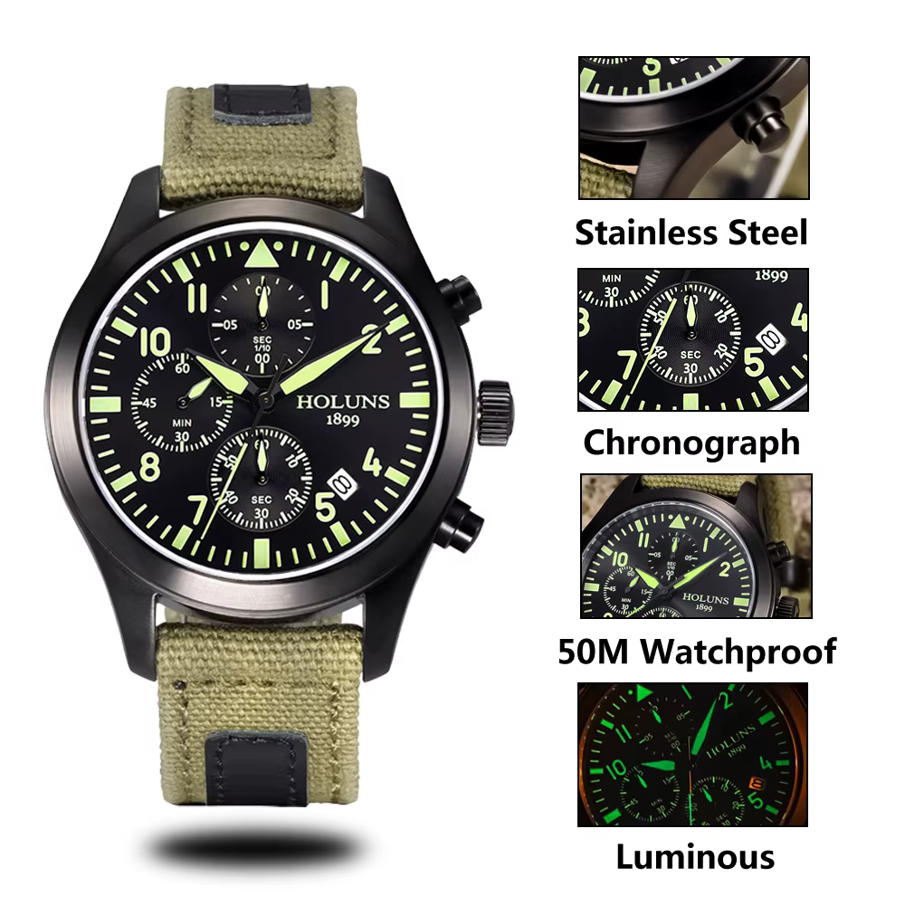 Original HOLUNS homme marque montre multifonctionnel sport mâle chronographe mode affaires lumineux luxe denim montres militaires